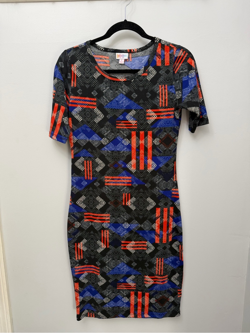 LuLaRoe Julia. Black Blue Red Geometric Print Midi Dress